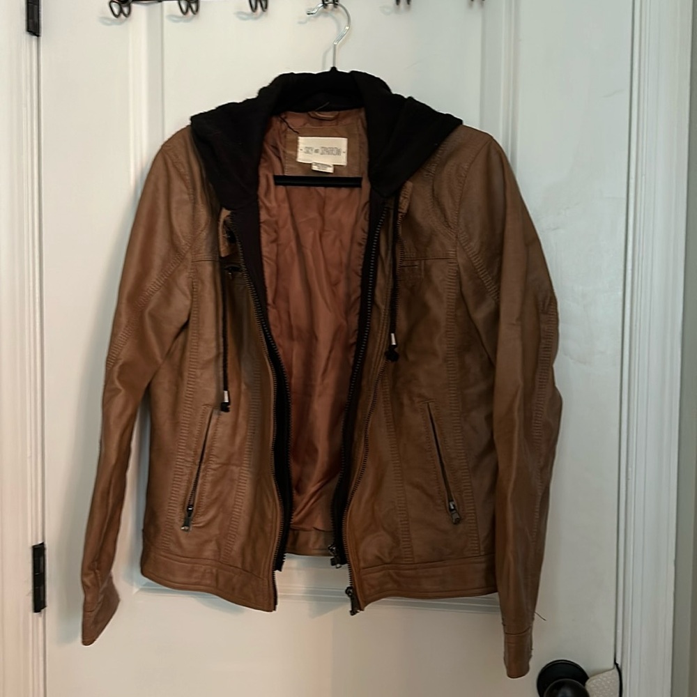 Leather jacket with built in hood